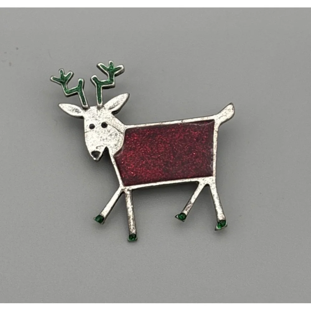 Pin Brooch Reindeer Silver Tone w Green Antlers & Red Body 2